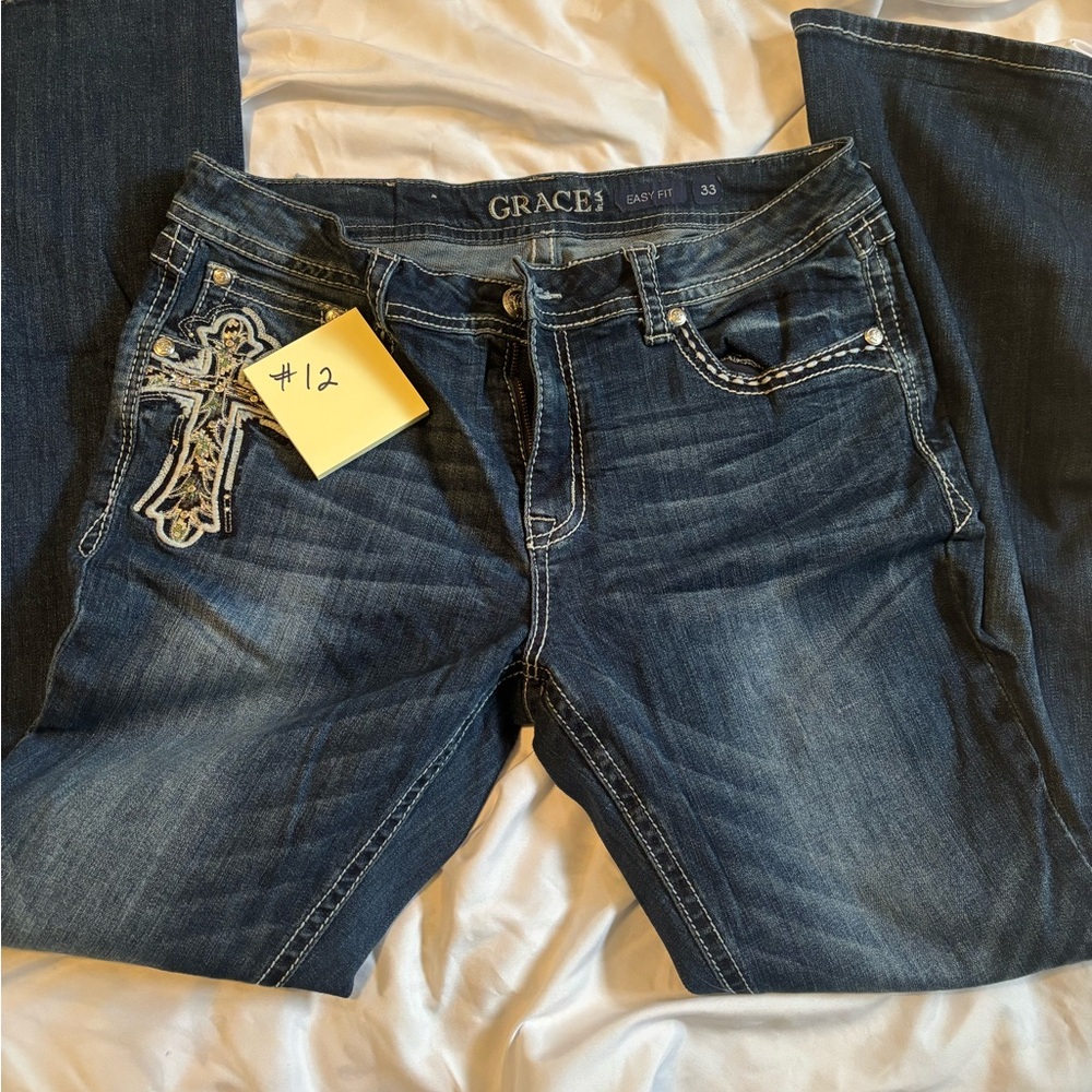 Grace Women's Dark Blue Boot Cut Jeans with Embellished Cross